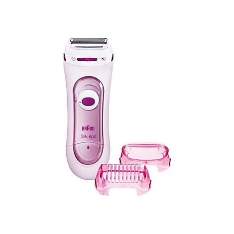 Braun Silk-épil Epilierer in Rosa und Weiß mit zwei zusätzlichen Aufsätzen vor weißem Hintergrund.