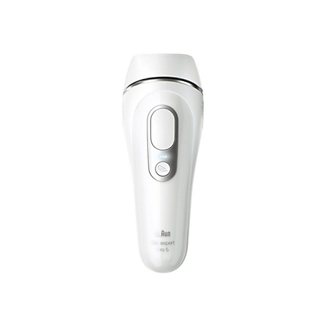 Weißes IPL-Haarentfernungsgerät Braun Silk-expert Pro 5 mit silbernem Knopf auf weißem Hintergrund.