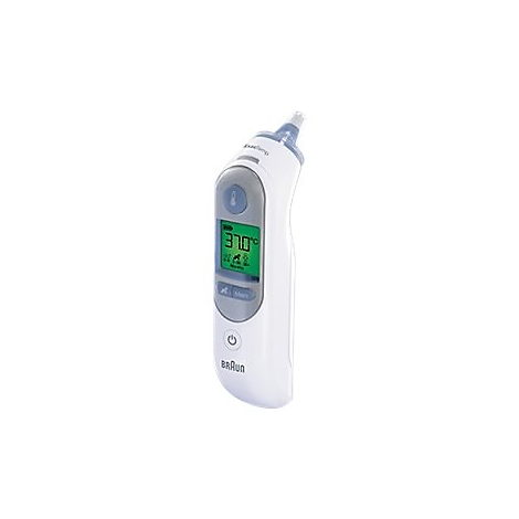 Weißes Braun Ohrthermometer mit grün beleuchtetem Display zeigt 37,0 Grad Celsius an.