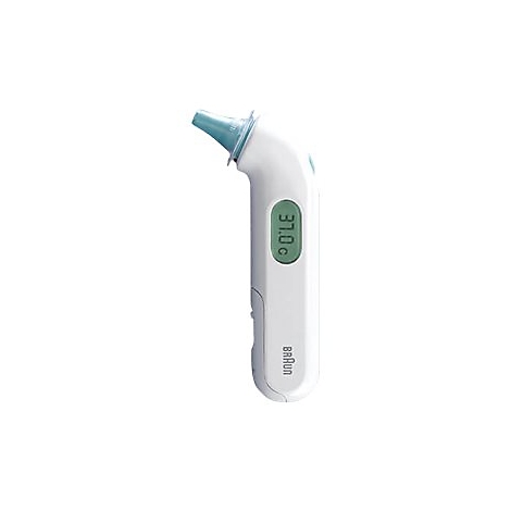 Weißes Braun Ohrthermometer mit blauer Spitze und Displayanzeige von 37,0 Grad Celsius vor weißem Hintergrund.