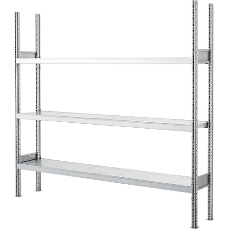 Metalen schap met drie planken tegen een witte achtergrond. De oppervlakken zijn zilver.