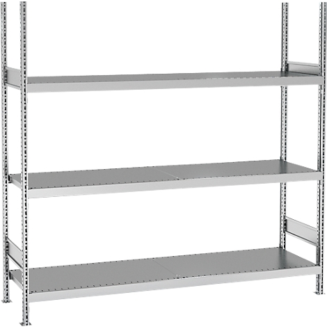 Metalen stellingkast met drie planken. De constructie is van metaal. De planken zijn rechthoekig en grijs.