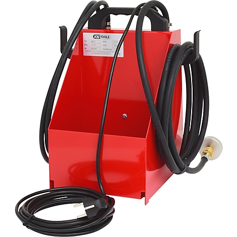 Roter Werkzeugwagen mit Griff, Schläuchen und Stecker.