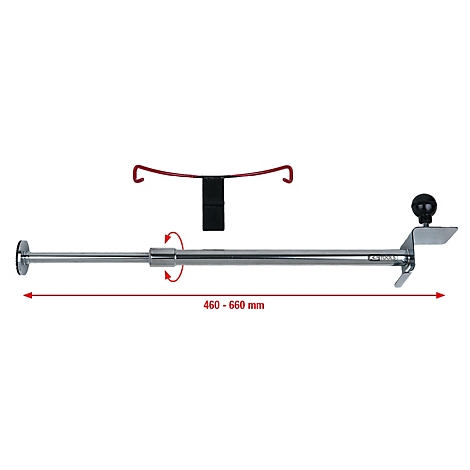 Verstellbare Stange mit roter Maßangabe. Darüber ein roter Haken und schwarzer Halter. 460-660 mm.