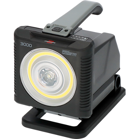 Schwarze LED-Leuchte mit grauem Griff, kreisförmiger Lichtaustritt, steht auf schwarzem Sockel, Schriftzug 3000.