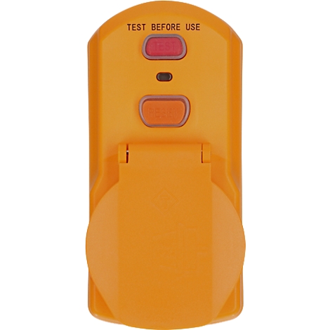 Un appareil orange rectangulaire avec un couvercle à charnière et deux boutons. Texte en haut : TEST BEFORE USE.