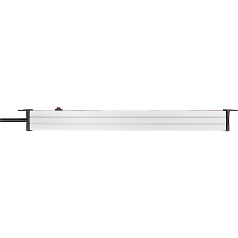 Un long luminaire à LED blanc avec des embouts noirs et un interrupteur rouge.