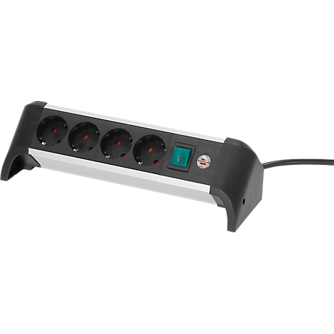 Een stekkerdoos met 5 stopcontacten, aan- en uitschakelaar, zwart frame, zilveren midden, zwarte kabel.