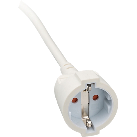 Gros plan d'une prise électrique blanche, avec deux trous et une broche de mise à la terre. Le câble est également blanc.