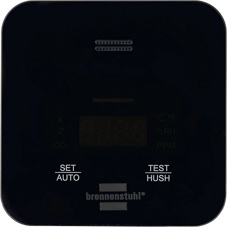 Zwarte CO2-meter met groen display. Toont '788 PPM', met knoppen en merklogo eronder.