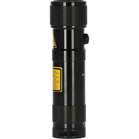 Appareil cylindrique noir avec des poignées moletées, une étiquette jaune et un bouton rond.