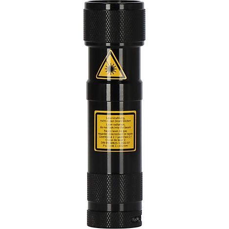 Zwarte zaklamp met rode laserstraal. Er zit een knop aan de zijkant om hem aan en uit te zetten.