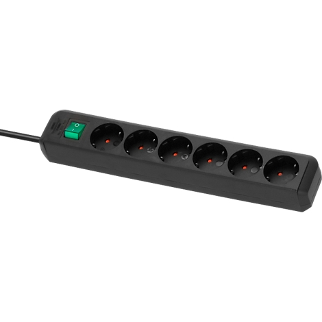 Multiprise noire avec six prises, interrupteur vert et voyant rouge.