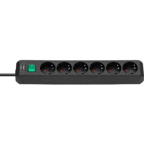 Multiprise noire avec six prises, un interrupteur vert et des voyants rouges.