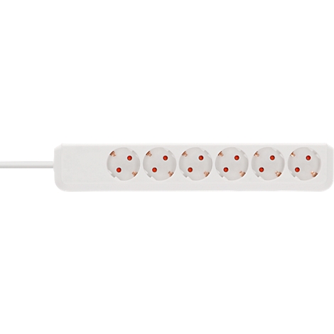 Rallonge blanche avec six prises ; chaque trou avec trois points marron.