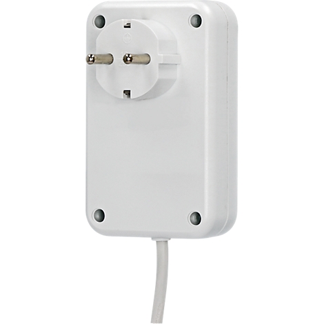 Witte adapter met eurostekker en vier schroeven. Een kabel aan de onderkant.