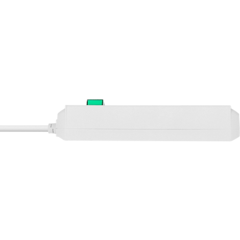 Un appareil blanc avec un bouton vert sur le dessus, connecté à un câble blanc.