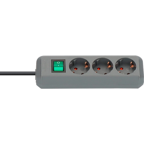 Prise multiple grise avec interrupteur vert et trois prises.