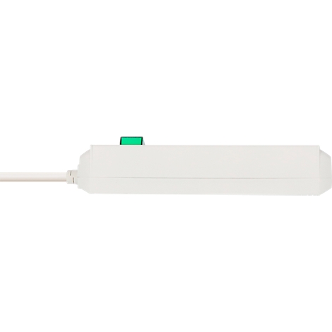 Appareil électronique blanc, bouton vert, câble.