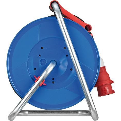 Boîtier de dévidoir bleu avec prise rouge et cadre métallique.