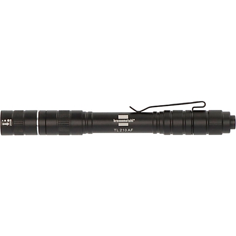 Lampe de poche noire avec clip, texte : 'bremensoh' et 'TL 210 AF'.