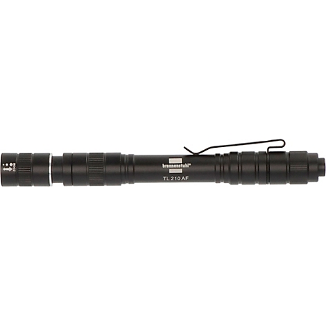 Lampe de poche noire avec clip, texte 'TL 210 AF'.