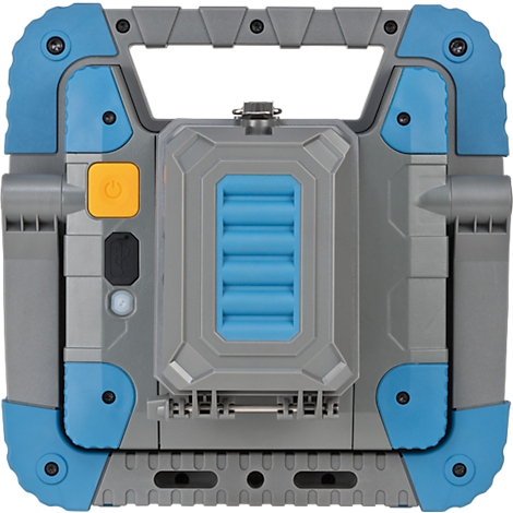 Grau-blaues, rechteckiges technisches Gerät mit Griff. Oben ein Griff, seitlich blaue und graue Elemente, Knopf mit Power-Symbol.