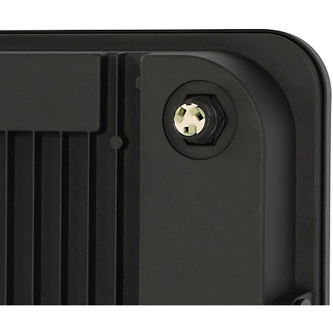 Schwarzes elektronisches Bauteil im Profil, mit Schrauben und einem Drehknopf.