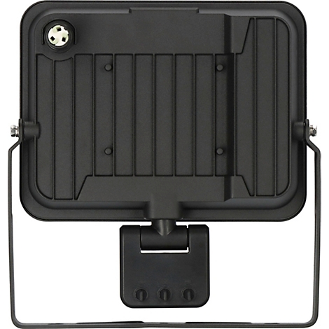 Dunkles, rechteckiges LED-Flutlicht von hinten. Kühlrippen, Klappfuß, Kabeleingang, Metallbügel.