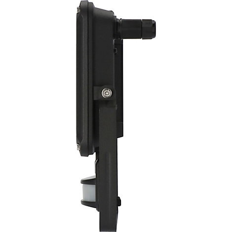 Schwarzer Wand-Bewegungsmelder mit Antenne und Halterung, Seitenansicht.