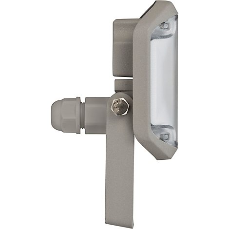 Grijze LED-schijnwerper met wit licht, beugel en schroef.