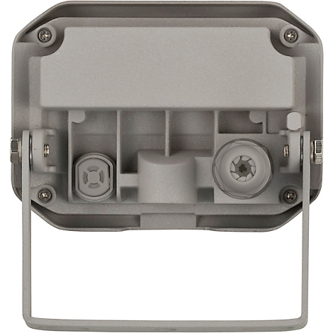 Achterkant van een grijze LED-lamp met beugel. Schroeven en connectoren zijn zichtbaar.