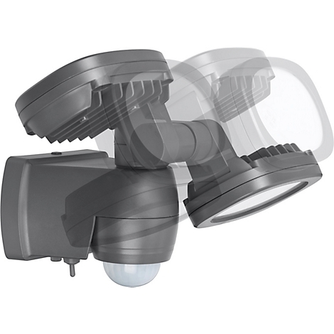 Donkergrijze LED-schijnwerper met twee ovale lampen en een bewegingssensor.