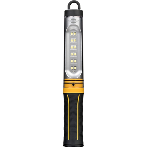 Une lampe torche noire avec des accents jaunes et argentés, des lumières LED et une poignée noire.