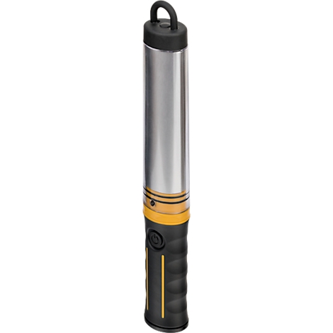 Une lampe de poche cylindrique avec poignée et accents jaunes. La majeure partie du boîtier est de couleur argentée.