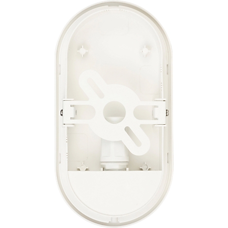 Un plafonnier ovale blanc. À l'intérieur, le support et la douille de l'ampoule sont visibles.