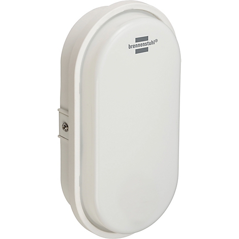Ovale, witte wandlamp. Bovenop het 'brennenstuhl' logo.