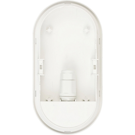 Binnenaanzicht van een witte, ovale wandlamp. In het midden bevindt zich een cilindrisch element omgeven door een witte behuizing.