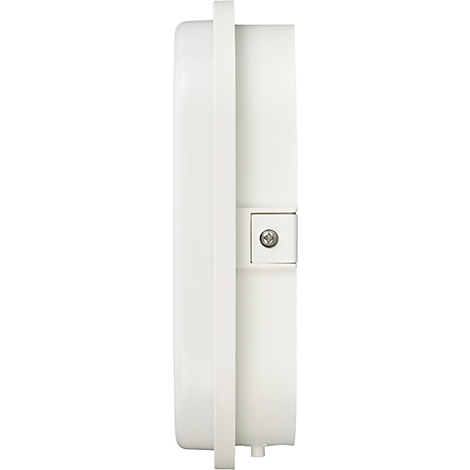 Witte, ovale plafondlamp, van binnenuit bekeken. Een ronde metalen beugel, waaraan een fitting voor de lamp is bevestigd.