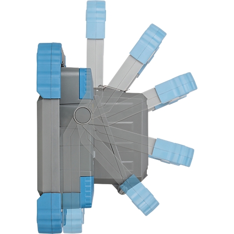 Boîte à outils pliable grise et bleue avec des joints transparents ; la boîte à outils est partiellement ouverte.