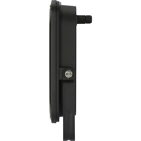 Vue latérale d'un composant électronique noir. Un pied pivotant est fixé.