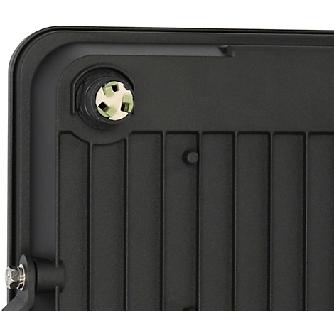 Schwarzer LED-Flutlichtstrahler mit weißer Lichtfläche und gelben LED-Punkten. Er hat eine Halterung für die Montage.