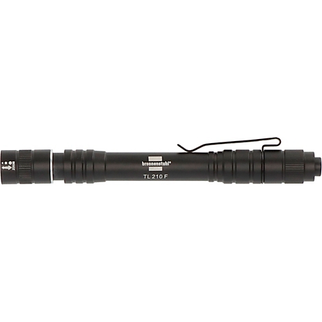 Schwarze Taschenlampe mit Clip, weißer LED, Bezeichnung 'TL 210 F'.