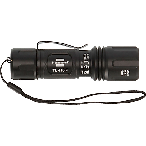 Schwarze Taschenlampe mit Schriftzug TL 410 F, Clip und Handschlaufe.