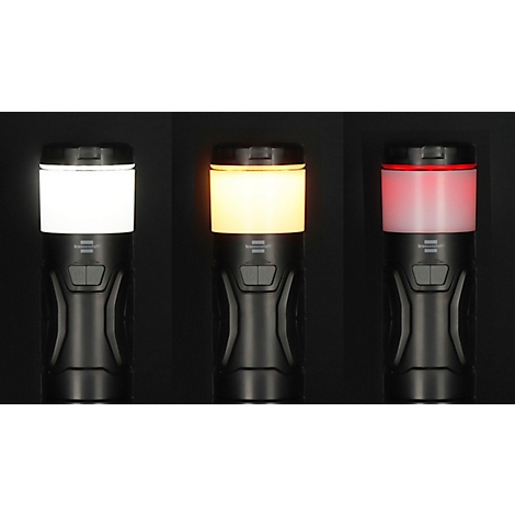 Drie zwarte kampeerlantaarns met verschillende lichtkleuren: wit, geel en rood.