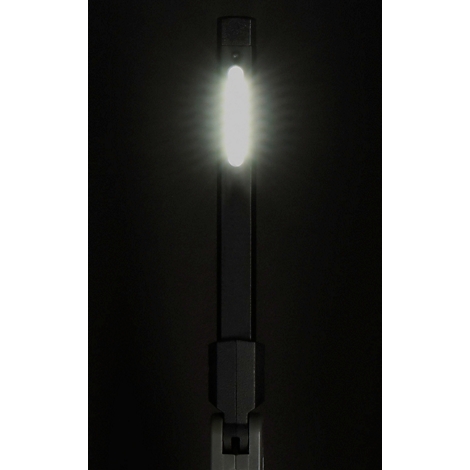 Een heldere LED-lamp schijnt in het donker. Het ontwerp is strak en futuristisch.
