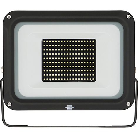 Een rechthoekige LED-lamp met een zwart frame, wit interieur en een zwart inzetstuk met vierkante LED's. Een metalen beugel is bevestigd.
