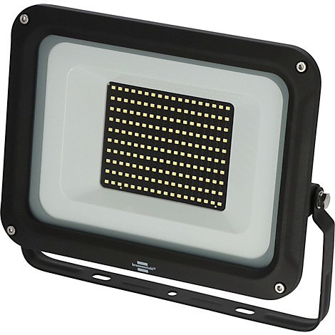 Zwarte LED-schijnwerper, hoekig. In het midden zwart veld met veel kleine gele LED's, omgeven door een lichtgrijs frame. Beugel op de behuizing.