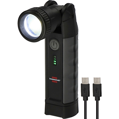 Zwarte LED werklamp met helder licht. Hij heeft een draaiende lamp en wordt geleverd met twee USB-C kabels.