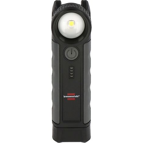 Zwarte LED-werklamp met grijze behuizing en het opschrift 'brennenstuhl'. Bovenop zit een cirkelvormige lichtbron.